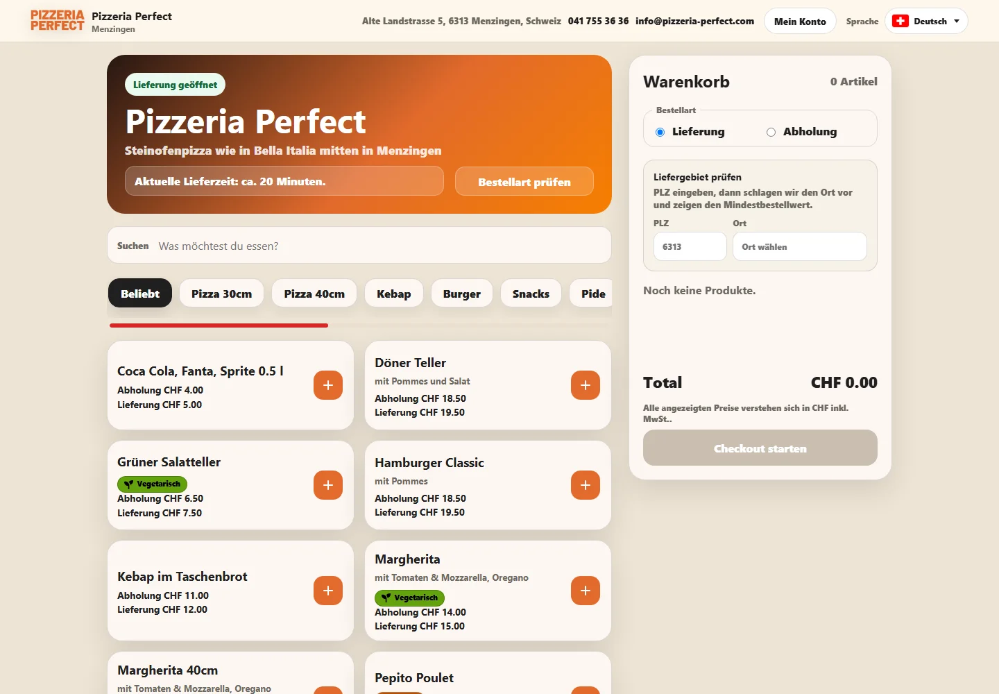 Perfect Order at Pizzeria Perfect: menu, delivery or collection and basket. Screenshot taken in October 2026.